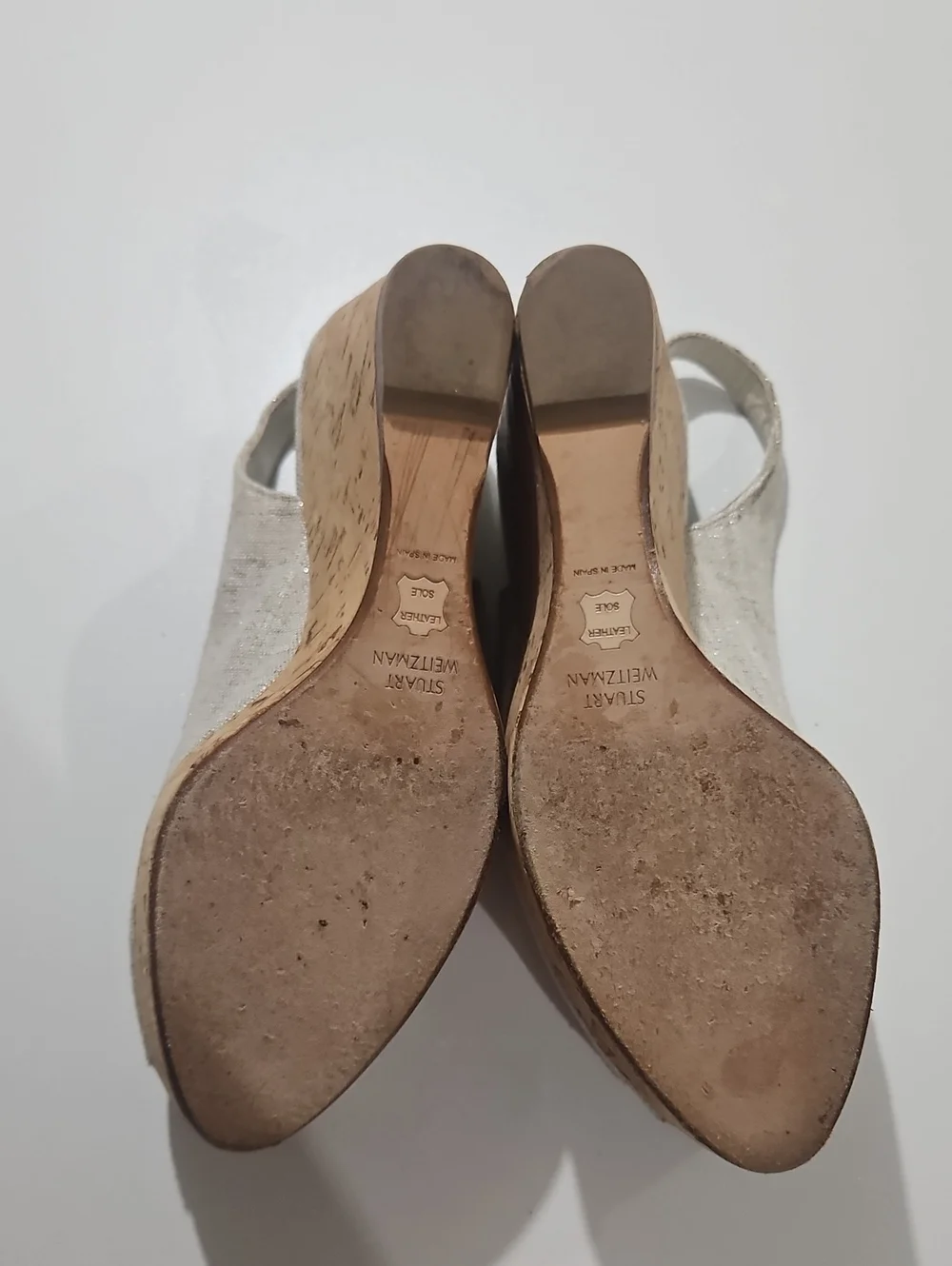 Stuart Weitzman Linen & SilverPeep-Toe Slingback Kork Wedge Sandals Sz 8